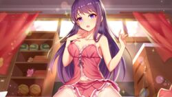 girlgame lingerie long_hair looking_at_viewer pink_skirt pleated_skirt preety_angel purple_eyes purple_hair skirt stockings