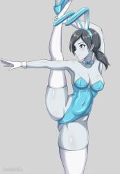 1girl 1girls athletic_female black_hair blue_clothing bowtie bunny bunny_ears bunnysuit canadiananiguy full_body fully_clothed gloves heels medium_breasts navel_visible_through_clothes nintendo ponytail simple_background smile solo solo_female thick_thighs thighhighs white_skin wii_fit wii_fit_trainer wii_fit_trainer_(female) yoga_pose