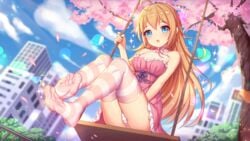 blonde_hair blue_eyes feet girlgame long_hair panties pink_clothing preety_angel stockings striped_legwear striped_panties striped_stockings