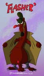 absurd_res anthro backwards_cap balls clothing coat flashing flashing_penis genitals hi_res male mammal mustelid musteline saggy_balls solo srirachamander standing tongue tongue_out topwear trenchcoat true_musteline weasel