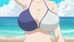 1girls animated animated_gif beach bikini blue_bikini bouncing_breasts breast_focus breasts cleavage engi_(studio) huge_breasts multicolored_bikini official_art screencap uzaki-chan_wa_asobitai! uzaki_hana waving white_bikini