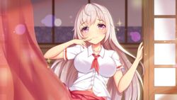 big_breasts girlgame long_hair looking_at_viewer pink_eyes preety_angel school_uniform skirt stockings white_hair