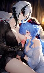1futa 1futa1girl 1futanari 1girl 1girl1futa 1girls 2girls ai_generated arlecchino_(genshin_impact) breast_feeding breasts_out ganyu_(genshin_impact) genshin_impact handjob handjob_with_gloves impacter night nightgown nursing_handjob reverse_nursing_handjob