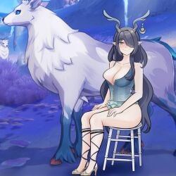 bodysuit corset deer earrings genshin_impact heels kurodahlia18 large_breasts lauma_(genshin_impact) long_hair sitting smile