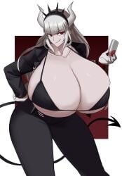 1girls bangs big_breasts blunt_bangs breasts breasts_bigger_than_head busty cleavage collarbone demon_girl demon_horns demon_tail emmarrgus eyebrows eyebrows_visible_through_hair eyelashes female female_focus female_only gigantic_breasts hand_on_hip helltaker horns huge_breasts large_breasts licking_lips light-skinned_female light_skin long_hair lucifer_(helltaker) mole mole_under_eye red_eyes simple_background solo solo_female solo_focus tail thick_thighs thighs top_heavy top_heavy_breasts white_hair wine