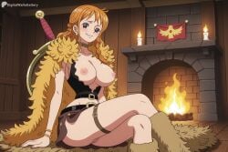 1girl ai_generated belt blush bracelet braid breasts breasts_out brown_eyes candle cape choker cleft_of_venus crossed_legs digitalwaifugallery earrings fire fur_trim hi_res high_quality high_resolution indoors jewelry large_breasts long_hair looking_at_viewer nami_(one_piece) nipples no_panties one_piece orange_hair patreon patreon_username pussy seductive sexy sitting skirt smile solo sword thigh_strap uncensored watermark weapon