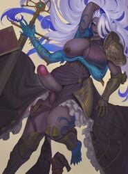 balls big_breasts big_penis blue_hair book dress erect_penis erection feet futanari inverted_nipples long_hair multi_arm multicolored_hair multiple_arms one_breast_out purple_skin staff veiny_breasts white_hair witch