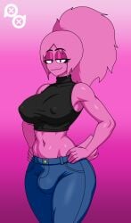 1futa artist_logo black_shirt blue_pants bulge futa_only futanari hands_on_hips jeans midriff pink_fur puffle puffle_lisa_(puffledreemurr) puffledreemurr sleeveless_shirt turtleneck_shirt