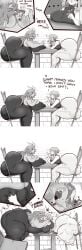 2girls ass big_breasts blush breast_grab breast_press breast_size_difference breast_squeeze breasts breasts_bigger_than_head comic dress drooling english_text female female_only huge_ass huge_breasts hyper hyper_ass kiss kissing massive_breasts mina_ashido my_hero_academia ochako_uraraka piratebay sweat text tongue tongue_kiss