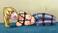 1girls arms_behind_back blonde_hair bondage bound bound_arms bound_legs crotch_rope eyeshadow female female_only femsub gag gagged lpintol makeup rope tape tape_gag