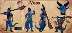 2026 absurd_res animal_genitalia animal_penis anthro black_sclera blue_body character_name english_text equine_genitalia equine_penis eye_patch eyewear genitals hi_res horn hybrid_genitalia hybrid_penis knot knotted_equine_penis knotted_penis kobold male maul model_sheet multiple_images nude penis ridged scalie smile solo tattoo text voss_varcain weapon weird_dog_thing