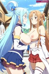 2girls ai_assisted ai_generated aqua_(konosuba) asuna_(sao) bangs bare_shoulders belt blue_eyes blue_hair blue_skirt blue_sky blush breasts breasts_out brown_eyes brown_hair clothes_pull day detached_sleeves dress eye_contact hair_bobbles hair_ornament hair_rings konosuba large_breasts long_hair looking_at_another miniskirt multiple_girls nipples outdoors patreon pleated_skirt red_skirt shirt_pull skirt sky smile stelmazura sword_art_online thighhighs very_long_hair white_sleeves white_thighhighs yuri