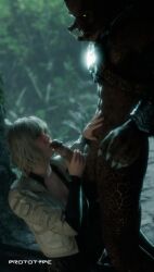 1boy 1girls 3d alien blonde_hair dek_(predator_badlands) elle_fanning erection female holding_penis interspecies kissing_penis male oral penis predator_(franchise) predator_badlands prototype_(artist) thia xenophilia yautja