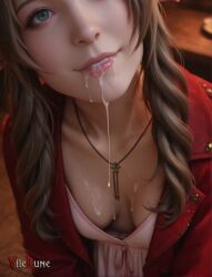 1boy 1girl aerith_gainsborough after_fellatio ai_generated braid close-up cum cum_between_breasts cum_in_mouth cumdrip downblouse final_fantasy_vii final_fantasy_vii_remake green_eyes head_tilt light_smile out_of_frame