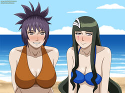 2girls bangs beach big_breasts bikini bleach blunt_bangs blush brown_eyes busty cleavage crossover cyan_sung-sun elec-ant female female_only green_hair hair_ornament huge_breasts mitarashi_anko naruto naruto_(series) naruto_shippuden ocean outdoors ponytail purple_hair sand smile strapless strapless_bikini tied_hair upper_body water