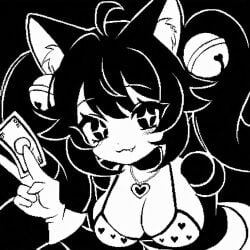 1girl :3 ai_generated anime_girl bells bent_forward between_fingers big_breasts bikini black_background black_hair black_white cat_ears catgirl curvy doll doll_girl doll_joints fang female gloves heart_bikini heart_locket holding_money holding_mouth_open locket looking_at_viewer mad_mew_mew magical_girl monochrome no_color pixai pixel_art slim_waist solo sparkling_eyes twintails undertale undertale_(series) upper_body