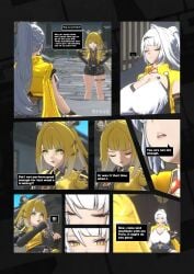 2girls 3d animal_ears black_shorts blonde_hair breasts collared_shirt comic dialogue green_eyes grey_shirt huge_breasts jacket ju_fufu large_breasts multiple_girls revsrenders shirt shorts text thick_thighs thighs tiger_ears tiger_girl tiger_tail white_hair yellow_eyes yellow_jacket yixuan_(zenless_zone_zero) zenless_zone_zero