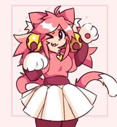 1girl 1girls 2026 2d_(artwork) :3 anthro anthro_female anthro_only artist_logo artist_name bells blush blushing boobs breasts cat_ears cat_girl cat_tail catgirl clothed clothing cute cute_face deltarune digital_drawing_(artwork) digital_media_(artwork) doll doll_girl female female_focus female_only green_eyes heart heart_pendant hearts hearts_around_head hi_res highres light_skin mew_mew_(undertale) paws pink_(deltarune) pink_background pink_hair simple_background skirt small_boobs small_breasts solo solo_female solo_focus teeth undertale undertale_(series) vixenisdum watermark