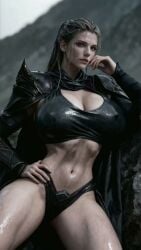 3d abs ai_generated bewitching_thighs big_breasts cleavage dark_blonde_hair high_waisted_thong pale_skin sweat tagme video