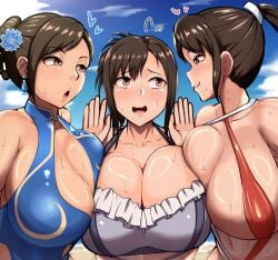 2d 2d_(artwork) 2d_artwork 3girls asian asian_female beach big_breasts bikini bikini_top blush boobs breasts breasts_squeezed_together capcom chun-li chun-li_(street_fighter_6) cleavage fatal_fury final_fantasy final_fantasy_vii hands_up heart heart_symbol hermione_0w0 huge_breasts king_of_fighters large_breasts lesbian mai_shiranui sexy sexy_female shy sling_bikini slingshot_swimsuit snk square_enix street_fighter_6 swimsuit swimwear tifa_lockhart tifa_lockhart_(shining_spirit) tits