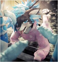 3d_(artwork) absurd_res animal_genitalia animal_penis anthro behind_glass black_body black_fur blue_body blue_fur bodily_fluids cheek_tuft clothing deuzear digital_media_(artwork) erection facial_tuft footwear fur genital_fluids genitals group hi_res lill_esp male penis scaled_penis socks sweatshirt tuft white_body white_fur