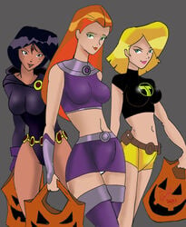 3girls alex_(totally_spies) belt black_hair blonde_hair blue_eyes cartoon_network clover_(totally_spies) cosplay dark_skin dc dc_comics green_eyes halloween handwear hazel_eyes human inspector97 orange_hair pale_skin pencil_skirt raven_(cosplay) redhead sam_(totally_spies) skirt starfire_(cosplay) teen_titans terra_(cosplay) totally_spies trio upskirt yellow_eyes