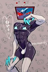 abs armwear blush bra bulge clothed clothing demon demon_humanoid elbow_gloves electronics femboy for_a_head gloves handwear hazbin_hotel hellaverse hi_res humanoid japanese_text legwear male minoruaniki muscular muscular_male object_head red_sclera screen screen_face screen_head solo television text thigh_highs thong tv_head underwear vox_(hazbin_hotel) white_clothing white_legwear white_thigh_highs white_thong white_underwear