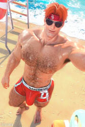 bara beach bulge chest_hair daredevil daredevil_(marvel_rivals) gay hairy hairy_chest male male_only marvel marvel_rivals muscular muscular_male red_hair solo summer sunglasses zireael zireaelwow