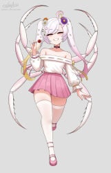 1girls arachne artist_name choker cslucaris flower_in_hair highlights_(coloring) lolipop long_hair original patreon_username pigtails pink_shoes pink_skirt signature skirt small_breasts smile smiling_at_viewer solo_female solo_focus spider_humanoid symbol-shaped_pupils twintails white_hair white_stockings