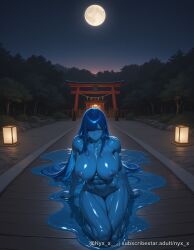 1girl ai_generated bangs blue_eyes blue_hair blue_skin blush breasts colored_skin completely_nude full_moon lantern large_breasts long_hair looking_at_viewer monster_girl moon navel night night_sky nipples nude nyx_x outdoors questionable shiny shiny_skin sky slime_girl smile solo star_(sky) starry_sky thick_thighs torii tree very_long_hair water