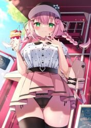 1girl bag blouse blush braid breasts cameltoe clothed crepe female hair_ribbon hat highres jirai_kei lace lace_panties large_breasts long_hair looking_at_viewer miwa_uni original panties pink_hair shirt side-tie_panties skirt solo thighhighs tied_hair twin_braids underwear