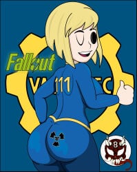 8ball9615 big_breasts big_butt blonde_hair blonde_hair_female bodysuit dressed_female fallout smiling thumbs_up vault_girl vault_suit winking_at_viewer