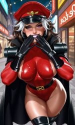 1girl ai_generated ambush_(trap) anna_marie arm_at_side arrogant bare_legs bare_thighs belt bent_knee black_boots black_bracers black_cape black_gloves black_kneehighs black_shoulder_pads blush body_takeover body_theft bracers brown_hair capcom cape city city_lights city_street clenched_teeth collared_cape crossed_legs curly_hair exposed_thighs eyeshadow fingers_on_face fingers_on_mouth gold_buckle hand_on_hip hero_turned_villian high_collar intimidation knee_boots large_breasts leaning_forward leotard looking_at_viewer m_bison m_bison_(cosplay) makeup marvel marvel_comics marvel_vs._capcom messy_hair multicolored_hair muscular muscular_female night no_nude no_nudity peaked_cap possessed possession purple_eyes purple_lips purple_lipstick red_leotard rogue_(x-men) shaded_face shoulder_pads side_cutout sideboob smile smiling_at_viewer street_fighter sweat sweaty sweaty_body sweaty_legs thick_ass thick_thighs tight_clothing toned toned_female toothy_grin toothy_smile very_sweaty villain villainess white_hair x-men