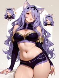 1girl ai_generated animal_ear_fluff animal_ears arlequin097 bare_shoulders blush breasts camilla_(fire_emblem) cat_ears cat_girl cat_tail chibi chibi_inset cleavage cleavage_cutout clothing_cutout cowboy_shot crop_top detached_sleeves fire_emblem fire_emblem_fates hair_over_one_eye kemonomimi_mode large_breasts lips long_hair looking_at_viewer midriff nail_polish navel parted_lips patreon_username purple_hair purple_nails red_eyes shiny_skin short_shorts shorts skindentation solo standing stomach tail thighs tiara very_long_hair wavy_hair
