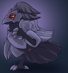 2026 absurd_res alternate_color ambiguous_feral ambiguous_gender amira_mitchell animal_genitalia avian avian_butt beak bird claws cloaca corvid corviknight digital_media_(artwork) fan_character feathered_wings feathers feet female_(lore) feral generation_8_pokemon genitals grey_body grey_feathers hi_res itsdraconix nintendo nude oscine passerine pokemon pokemon_(species) raised_leg red_eyes simple_background tail tail_feathers talons toes wings