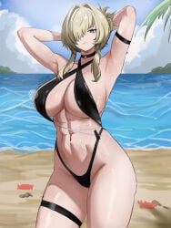 1girl abs absurdres alternate_costume arm_strap armpits bare_shoulders beach black_choker black_slingshot_swimsuit blonde_hair blue_eyes blue_sky breasts choker cinderella_(crystal_wave)_(nikke) cinderella_(nikke) cinderella_(nikke)_(cosplay) cleavage closed_mouth commentary cosplay crab english_commentary goddess_of_victory:_nikke grave_(nikke) hair_between_eyes hair_over_one_eye highres large_breasts long_hair looking_at_viewer multiple_scars navel ocean outdoors revision scar scar_on_stomach short_hair sidelocks sky slingshot_swimsuit solo staz64 stomach summer swimsuit thigh_strap thighs water