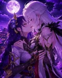 2girls ai_generated asmoday_(genshin_impact) genshin_impact grok grok_imagine kissing lesbian_couple lesbian_kiss purple_hair raiden_shogun tagme video white_hair yuri