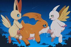 3_fingers 3_toes absurd_res ai_generated anal anal_penetration animal_genitalia anthro anthro_on_anthro anthro_penetrated anthro_penetrating anthro_penetrating_anthro balls bandai_namco big_balls big_ears big_penis black_claws blue_eyes blue_sclera blush blush_lines bodily_fluids claws crossover cum cum_in_mouth cum_inside cum_on_body cum_on_face cum_on_penis cupimon digimon digimon_(species) digimon_adventure eyelashes fangs feet fellatio finger_claws fingers flying generation_5_pokemon genital_fluids genitals group half-closed_eyes hand_on_partner's_butt head_wings hi_res horn huge_balls huge_penis legendary_pokemon looking_at_another looking_at_partner male male/male male_penetrated male_penetrating male_penetrating_male motion_lines mouth_closed narrowed_eyes night nintendo open_mouth open_smile oral orange_body patamon paws penetration penile penile_penetration penis penis_in_ass penis_in_mouth pink_claws pokemon pokemon_(species) sex sheath shooting_star short_tail sky smile smiling_at_partner snout star sweat tail teeth toe_claws toes trio victini white_body wings yellow_body yellow_wings yiff_ai_(director)