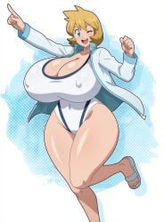 1girl blue_eyes breasts busty cleavage competition_swimsuit covered_navel curvaceous female footwear hitokiwa_kenchin huge_breasts jacket kasumi_(pokemon) large_breasts legs long_sleeves looking_at_viewer misty_(pokemon) misty_(pokemon_hgss) navel one-piece_swimsuit one_eye_closed open_clothes open_jacket open_mouth orange_hair pointing pokemon pokemon_gsc pokemon_hgss sandals shiny_skin short_hair smile solo sportswear standing standing_on_one_leg swimsuit swimsuit_under_clothes tank_suit teeth thick_thighs thighs track_jacket upper_teeth upper_teeth_only white_one-piece_swimsuit white_swimsuit wide_hips wink