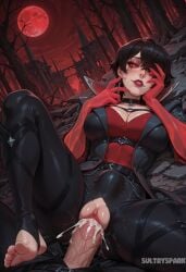 1boy 1girl ai_generated artist_name black_choker black_hair black_pants breasts choker cleavage clothed_sex cum cum_in_pussy cum_overflow demoncursed_vayne earrings erection feet full_moon futarush gloves hand_on_own_face hetero jewelry large_breasts league_of_legends looking_at_viewer lying moon on_back pandemonium_series pants patreon patreon_username penis pov pussy red_eyes red_lips red_moon riot_games sex shauna_vayne short_hair soles solo_focus spread_legs stirrup_legwear stomach_bulge sultryspark toeless_legwear toes torn_clothes torn_pants uncensored vaginal vayne