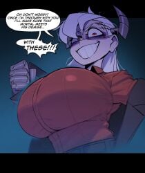 demon demon_girl demon_horns evil_grin evil_smile gigantic_breasts grin helltaker horns huge_breasts krekk0v massive_breasts red_eyes white_hair