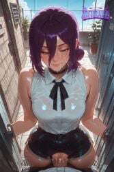 1girl ahegao ai_generated ass black_pantyhose bomb_devil bomb_devil_(chainsaw_man) breasts chainsaw_man collar completely_nude deurahh green_eyes highres imminent_anal imminent_fellatio imminent_oral imminent_orgasm imminent_penetration imminent_sex large_breasts leash lingerie looking_at_viewer naked_ribbon nipples no_panties nude pantyhose purple_hair pussy reze_(chainsaw_man) school_uniform short_hair smile solo stable_diffusion thighs torn_clothes