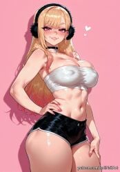 1girl 2026 ai_generated anime bangs bare_shoulders black_choker black_shorts blonde_hair blush boobs breasts chest_sarashi choker cleavage covered_nipples cowboy_shot crossover earmuffs eye_contact female female_focus flushed hand_on_hip heart highres huge_breasts kitagawa_marin large_breasts long_hair looking_at_viewer marin_kitagawa midriff my_dress_up_darling navel nsfw parted_lips patreon patreon_username pink_background pink_eyes pink_nails red_eyes rognezart sarashi shiny shiny_skin short_shorts shorts simple_background skindentation smile smiling solo sono_bisque_doll_wa_koi_wo_suru strapless thick_thighs thighs tube_top very_long_hair
