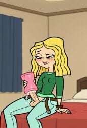1futa 1girls accurate_art_style after_cum ai_generated balls bed bedroom blonde_hair carrie_(tdi) clothed erection fleshlight futanari penis penis_out sex_toy sitting sitting_on_bed solo testicles the_ridonculous_race total_drama_island unzipped_pants yellow_hair