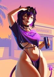 1girl 1girls absurdres akireimiki bandaid bandaid_on_face bandaid_on_nose bikini bikini_top_under_shirt bikini_under_clothes black_choker black_hair breasts breedable_hips can choker colored_inner_hair commentary crop_top crop_top_overhang cropped_shirt curvy demon_girl demon_horns demon_tail english_commentary eyewear_lift eyewear_on_head female grand_theft_auto grand_theft_auto_vi gta_vi_cover_girl highleg highleg_bikini highres hip_focus hips holding holding_can horns indie_virtual_youtuber large_breasts looking_at_viewer multicolored_hair navel navel_piercing o-ring_bikini_bottom open_mouth piercing pose_imitation purple_bikini purple_hair purple_horns purple_shirt rainhoe shirt short_hair solo swimsuit tail thick_thighs thighs tits virtual_youtuber vtuber wide_hips yellow_eyes