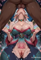 1boy 1girl ai_generated artist_name bare_shoulders breasts cleavage cum cum_on_body cum_on_breasts cum_on_legs dark-skinned_male dark_skin earrings fellatio from_below futarush hetero immortal_journey_kayle immortal_journey_series interracial jewelry kayle large_breasts league_of_legends long_hair nipples oral patreon patreon_username penis pointy_ears pussy riot_games solo_focus sultryspark testicles torn_clothes uncensored white_hair