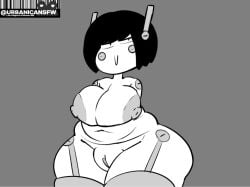 ahegao ass_focus black_hair bolt curvy_female female huge_breasts large_breasts large_butt lineart looking_at_viewer mechanical_arms mechanical_body mechanical_ears mechanical_legs monochrome nipples puffy_pussy pussy robot_girl short_hair shortstack solo sweat thick_thighs wide_hips