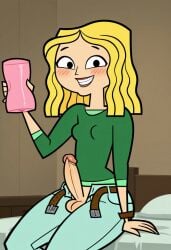 1futa 1girls accurate_art_style ai_generated balls bed bedroom blonde_hair carrie_(tdi) clothed erection fleshlight futanari penis penis_out sex_toy sitting sitting_on_bed solo testicles the_ridonculous_race total_drama_island unzipped_pants yellow_hair