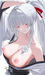 1girls ai_generated breasts hiyuki_(wuthering_waves) looking_at_viewer nipples red_eyes shineinsfw smile solo uncensored wet white_hair wuthering_waves