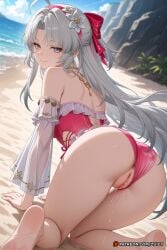 1girl ai_generated beach carlotta_(wuthering_waves) clothed female female_only grey_eyes long_hair looking_at_viewer outdoors pussy pussy_juice solo_focus swimsuit swimwear uncensored white_hair wuthering_waves zuicy